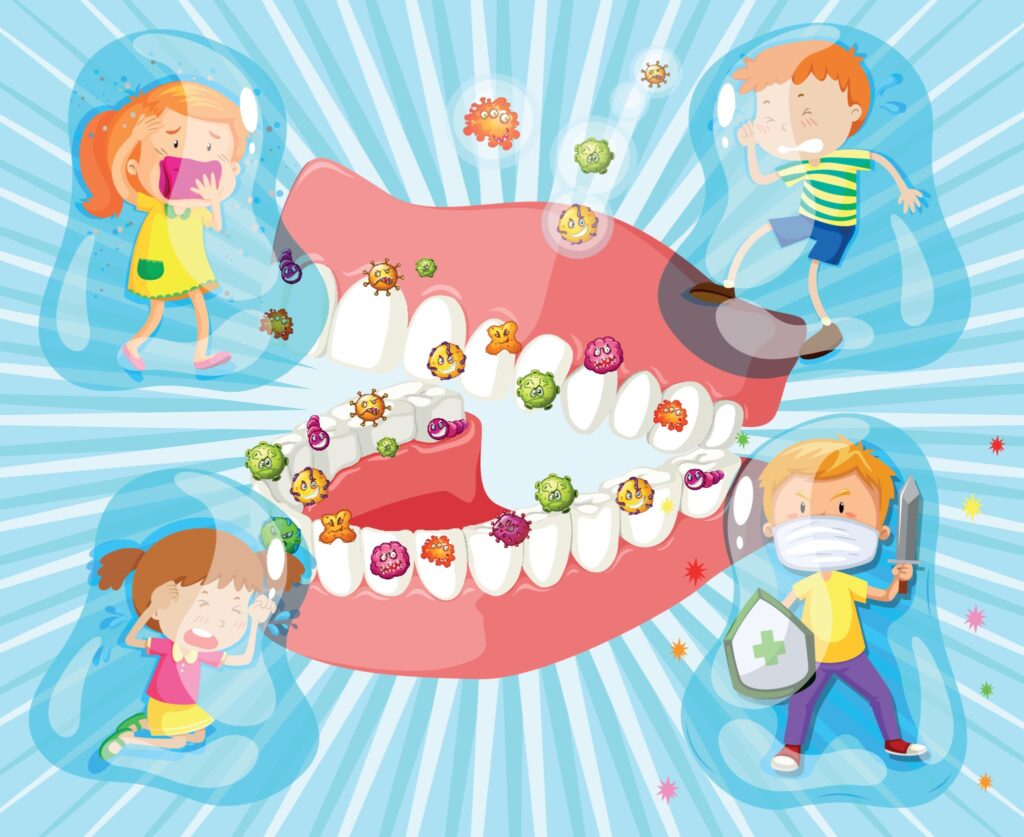 Graphic of kids fighting germs in tooth